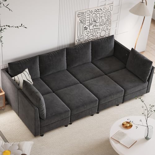 Apicizon Sectional Sleeper Sofa, 8 Seats Modular Convertible Sofa Bed Couch with Storage Ottomans, Modern Comfy Chenille Sleeper Sofa Bed with Charging Station for Living Room, Office, Dark Grey