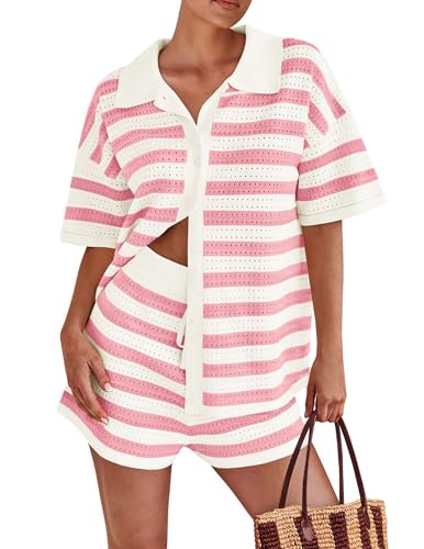 PRETTYGARDEN Women's 2 Piece Shorts Sets Casual Summer 2025 Short Sleeve Striped Sweater Set Matching Beach Vacation Outfit (Pink,Small)