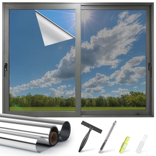 Kromapolis One Way Window Privacy Film Reflective Mirror Home Window Tint, Daytime Privacy Heat Control Anti UV Glass Tinting Static Cling (Silver, 45.2 x 78.7 inch)