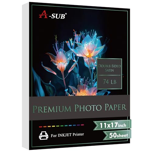 A-SUB Premium Double Sided Photo Paper Satin 11 x 17 Inch 74lb for Inkjet Printers 50 Sheets