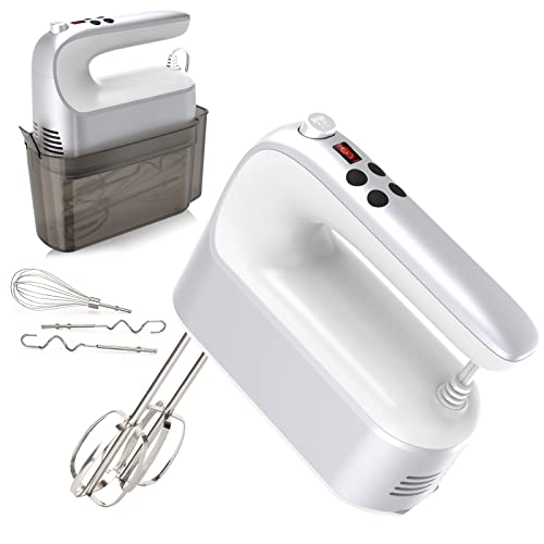 Yomelo 9-Speed Digital Hand Mixer Electric, 400W Powerful DC Motor, Baking Mixer Handheld with Snap-On Storage Case, 5 Stainless Steel Accessories, Flat Beaters, Dough Hooks, Whisk (Silvery & White)