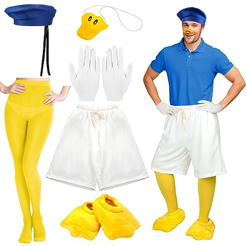Wavyknot 6 Pcs Halloween Duck Costume Set Duck Nose Mask Retro Sailor Hat White Cotton Gloves Shorts Solid Colored Footed Tights Slippers for Men Halloween Party Cosplay