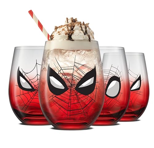 JoyJolt Marvel Spider-Man Spidey-Sense Stemless Drinking Glasses, 19oz Superhero Glass Tumblers, Set of 4 Drink Glasses, Marvel Gifts for Men and Women