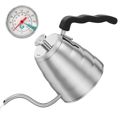 Coffee Gator Gooseneck Kettle with Thermometer - 40oz Premium Stainless Steel Pour Over Coffee Maker Kettles, Stove Top, w/Precision Drip Spout, for Drip Coffee, French Press, Tea Kettle, 5 Cup