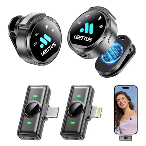 2 Pcs True Dual Receivers Mini Microphone for iPhone 7-16/Android/Tablet,Lavalier Wireless Microphones with DSP Noise Cancellation,Magnetic Clip,18H,Mic Mini for TikTok,Live Streaming,Interviews,Gifts