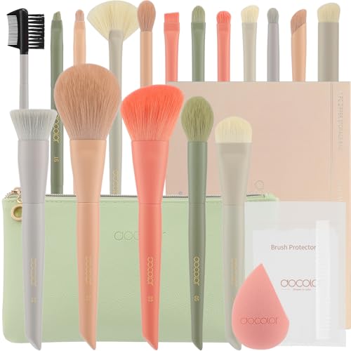 Docolor Makeup Brushes 17 Pcs with Makeup Bag and Makeup Sponge and Brush Protector Morandi Makeup Brush Set Premium Synthetic hair makeup brush Wooden handle eyeshadow brush set