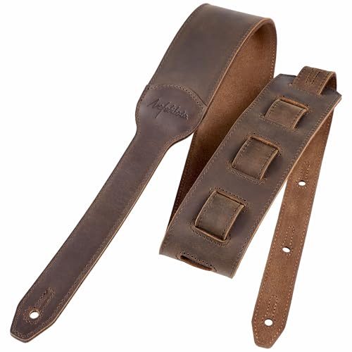 Nefelibata Banjo Strap, 2.5" Wide Double Layer Crazy Horse Art Leather Guitar Strap Adjustable Replacement With Headstock Rope(Dark Brown Crazy Horse Leather)