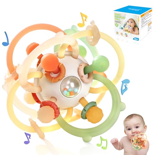 Orzbow Baby Sensory Teething Teether Toys, Infant Montessori Toys, Silicone Baby Rattle Balls Toys, Baby Chew Toys for 3-6-12-18 Months Sucking Needs, Teethers Relief, BPA Free, Brown