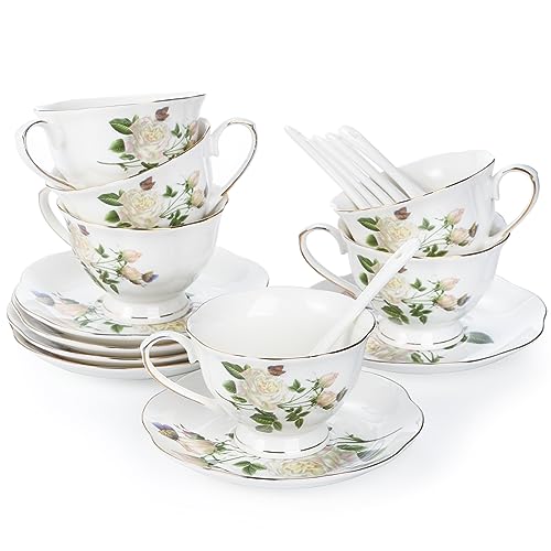 Foraineam Tea Cup and Saucer Set, Porcelain Ivory Floral Coffee Cups with Saucers and Spoons, 6 oz Tea Cup Set with Gold Trim, Latte Cups and Espresso Mug for Coffee Drinks, Latte and Tea, Set of 6