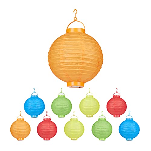 Relaxdays LED Lampions, 10-Piece Set, Battery-Powered, Indoor & Outdoor, Hangable, Paper Lantern, Ø 20 cm, Colourful, Yellow/Green/Blue/Red, 10er Pack