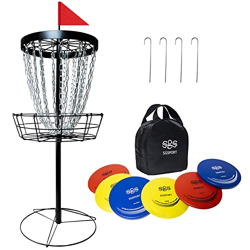 SGSPORT Disc Golf Basket with Discs | Portable Disc Golf Target with Heavy Duty 24-Chains Disc Golf Course Basket, Come with 6pcs Discs with Carry Bag - Multi Color Available