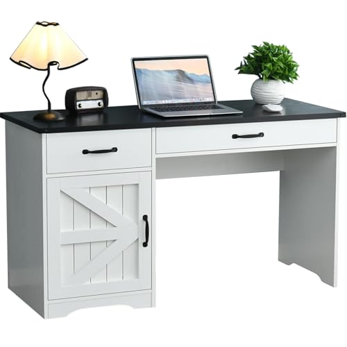 MaverickFurni White Computer Desk with Drawers, Farmhouse Desk with Storage, 48 Inch Computer Desk for Bedroom, Rustic Executive with Drawers and Cabinet