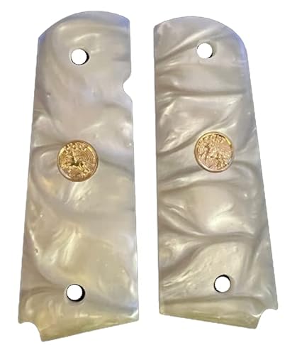 fits Colt 1911 Grips White Fire Pearl with Factory Gold Medallions Bonus 4 Gold Screws