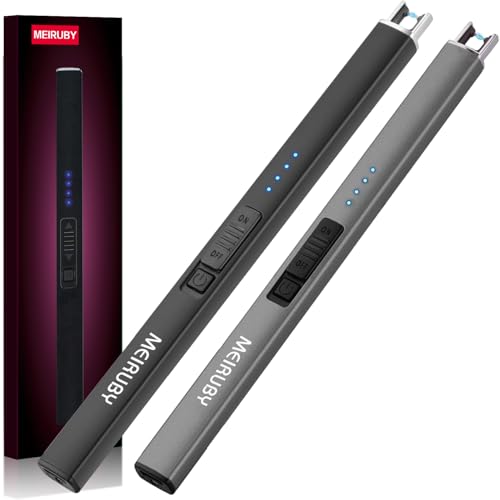 MEIRUBY 2 Pack Electric Candle Lighter - Long, Rechargeable, Arc Windproof, Flameless Lighters for Candle, Camping, BBQ, Birthday Gifts - Black, Gray