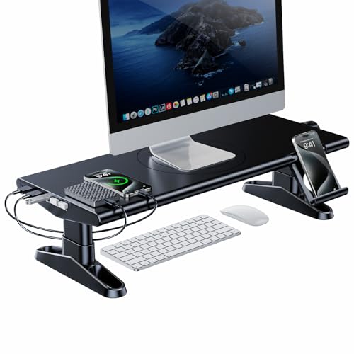 OATSBASF Monitor Stand Riser with 3.0 USB HUB, Type-C Data Port, 4 USB Ports, Height Adjustable Monitor Stands with Phone Holder, Desk Organizer for PC, Laptop, Printer, TV