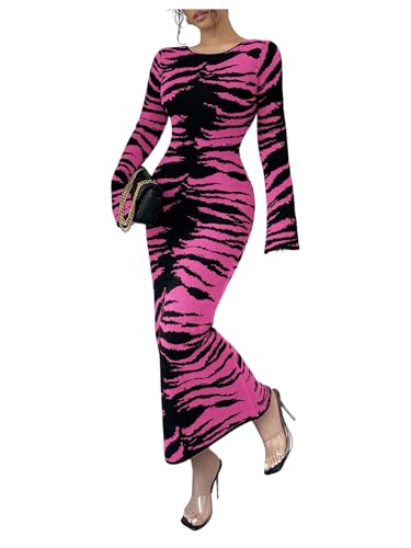 MakeMeChic Women's Leopard Print Sweater Dress Bell Sleeve Lace Up Bodycon Maxi Dresses Hot Pink Medium