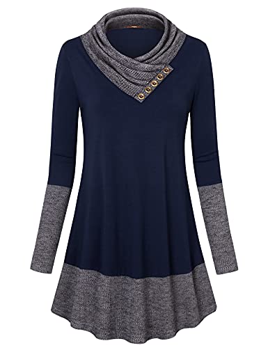 Gaharu Long Tunic Tops for Women to Wear with Leggings Fall Business Casual Clothes Cowl Neck Long Sleeve Flowy Pullover Blouses Shirt Sweatshirt(Blue Ribbed,Large)