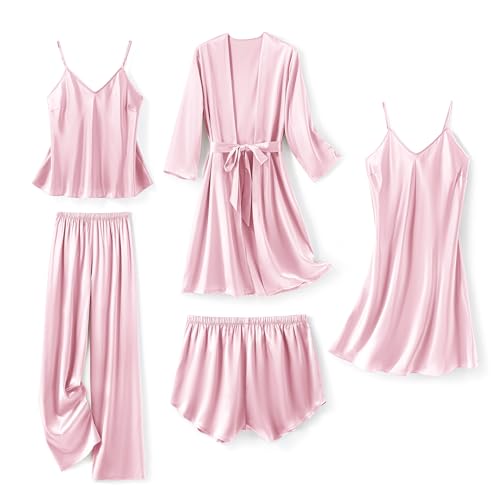 SAPJON Silk Pajamas for Women 5Pcs Sleepwear Loungewear Satin Robe Cami Shorts Pj Set Pink