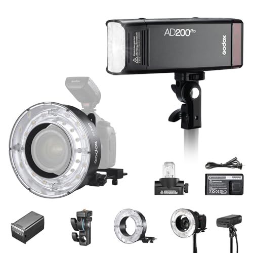 GODOX [AD200PRO 2025 Updated Version] with GODOX R200 Ring Flash AD200Pro 200Ws 1/8000 HSS Flash Strobe with R200 Ring Flash Head,2900mAh Battery,2.4G 500 Full Power Flashes, 0.01-1.8s Recycling,