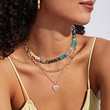 KissYan Beaded Gemstone Necklace for Women, Colorful Boho Bead Choker Natural Stone Surfer Beach Necklaces 14K Gold Plated Summer Handmade Jewelry(B08)