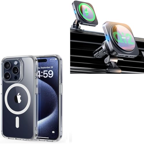 ESR for iPhone 15 Pro Case and Qi2 15W MagSafe Car Mount Charger, Qi2-Certified MagSafe Car Charger, Air Vent/Dashboard Magnetic Wireless Car Charger, Car Phone Holder Mount for iPhone 15 Pro