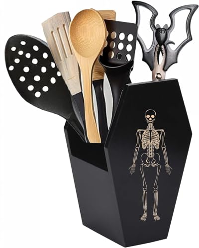 Halloween Kitchen Decor - Gothic Kitchen Accessories - Goth Coffin Utensil Holder, Dual-Sided Laser-Etched Skeleton, Solid Wood Large Capacity for Bats Spoons Skull Spatulas - Spooky Home Decor