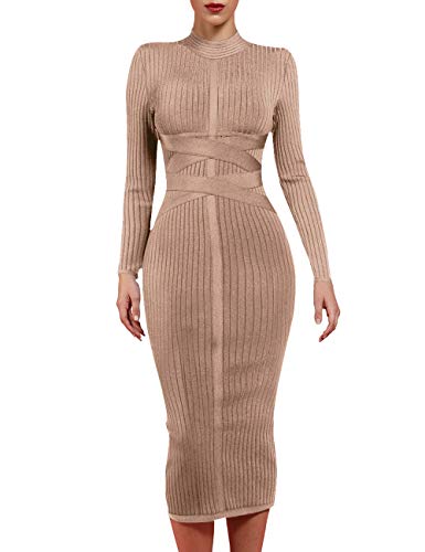 whoinshop Women's Cross Strap Ribbed Bandage Long Sleeve Midi Fall Winter Bodycon Party Dress (S, Khaki1)