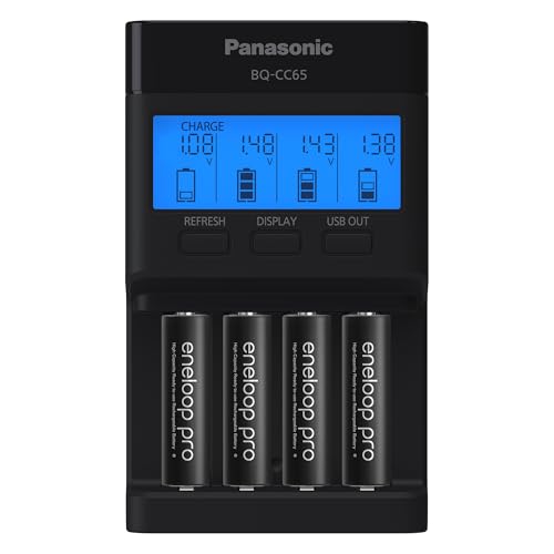 Panasonic K-KJ65KHA4BA Super Advanced 4-Position Quick Charger with LCD Indicator Panel, USB Charging Port and 4AA eneloop pro Rechargeable Batteries, Black
