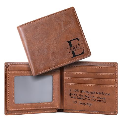 IUZOE Brown Leather Personalized Men's Wallet, Bi-Fold RFID Blocking, 10 Card Slots, 11 Pockets, Minimalist Design