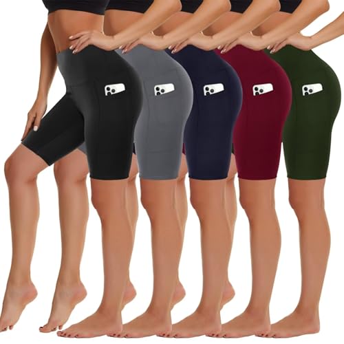 HIGHDAYS 5 Pack Biker Shorts with Pockets for Women - 8" High Waist Spandex Workout Yoga Running Athletic (Black/Grey/Navy/Wine/Olive-Pockets,2X_Large)