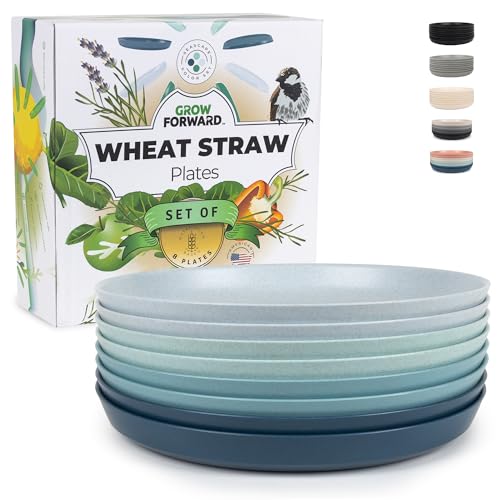 Grow Forward Premium Wheat Straw Plates - 10 Inch Reusable Hard Plastic Dinner Plates Set of 8 - Unbreakable & Microwave Safe Dishes for Dessert, Camping, RV, Outdoors, Patio, Kitchen - Seascape