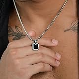 RTZN® Black Onyx Necklace for Men – Premium Artisan Black Onyx Square Pendant Necklace with Stainless Steel Box Chain 22" Inch + 2" Extension