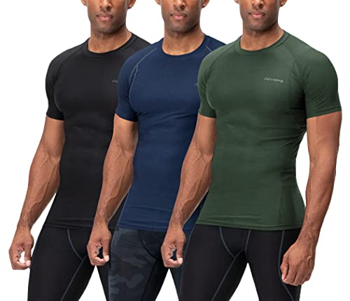 DEVOPS 3 Pack Men's Cool Dry Short Sleeve Compression Shirts, Sports Baselayer T-Shirts Tops, Athletic Workout Shirt (Large, Black/Navy/Olive)