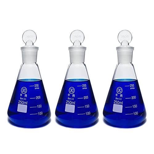HUAOU 250ml Glass Erlenmeyer Flask Set, 3pcs Laboratory Glassware Flask with Glass Stopper for Chemistry Classroom Home Use, 3.3 Borosilicate Labware Science Flask, Narrow Mouth, Printed Graduation