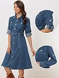 Allegra K Denim Dress for Women's Long Sleeve Button Down A-Line Belted Classic Jean Dresses X-Large Blue