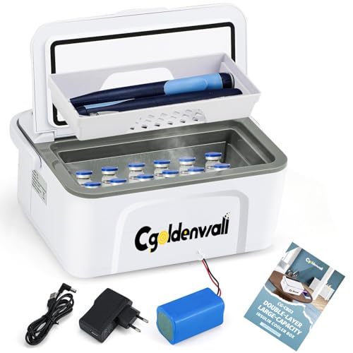 CGOLDENWALL Portable Insulin Cooler Box for Max.12 Pens, 7.5 * 3 * 2.7inches Internal Capacity 32-64℉ Setting with 5V 13600MAH Battery Mini Medicine Refrigerator for Home &Outdoor Use