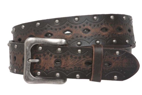 1 1/2" Snap on Perforated Studded Vintage Embossed Solid Leather Jean Belt, Brown | 34"