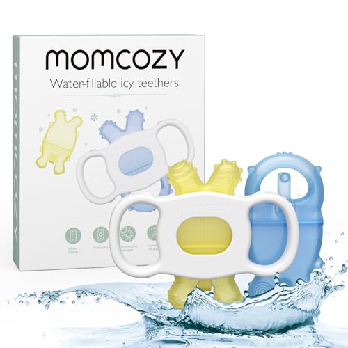 Momcozy Baby Teether Toys, Water Fillable Teether Silicone Cold Teether, Baby Teething Toys Chill Teether, Baby Water Teether for Teething Relief 0-12 Months, Blue and Yellow 2 Pcs