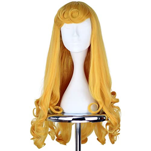 Yan Dream Princess Golden Long Curly Wig Halloween Costume Anime Cosplay Party Wavy Wig with Bangs for Women Girl