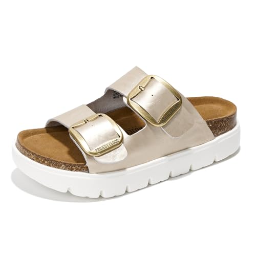 Project Cloud Genuine Leather Platform Sandals Women Footwear - Wedge Chunky Sandals Womens sandals with Memory Foam Insole and Cork Footbed (GREECECHUNKY,LIGD, 8.5)