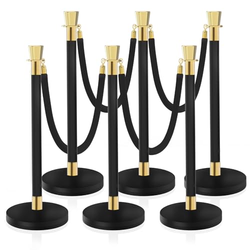 Black Stanchion, 5 ft Black Velvet Rope Red Carpet Ropes and Poles, Stainless Steel Stanchions Post Used for Theaters, Parties, Wedding, Exhibition, 6PCS