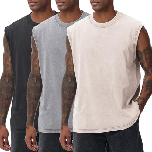 SnowElve 3 Pack Mens Workout Tank Tops Sleeveless Tee Shirts Men Muscle Shirt Gym Acid Wash T Shirts Running Beach Loose Fit Tee(ACGYBK,2XL)