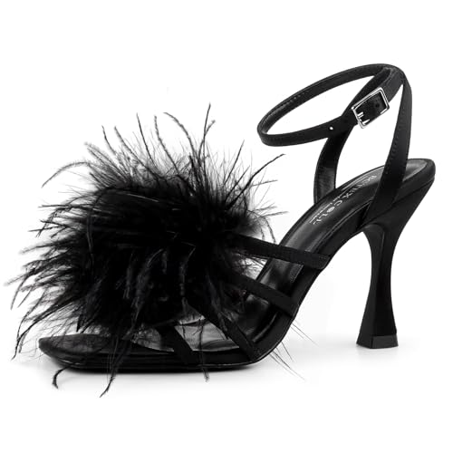 BCTEX COLL Women's Heeled Sandals Fluffy Feather Square Open Toe Ankle Strap Sexy Stiletto High Heels for Wedding Party Dance Evening, Black, Size 8
