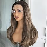 mytonecoo Pre Plucked Highlight Sandy Brown Straight Glueless Synthetic Lace Front Wig with Dark Roots Ready to Wear Honey Blonde Balayage Wig for Women Pre Layered Wig 20Inch