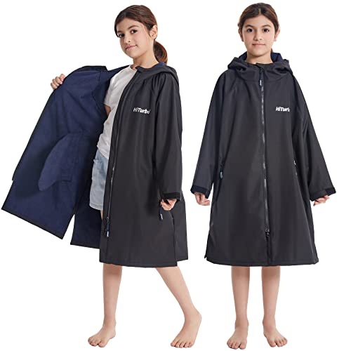 Hiturbo Kids Waterproof Swim Parka: Thin Fleece Swimming Coat - Oversized Swimmer Jacket - Knee Length Swim Team Outfit (9-13Y, Black)