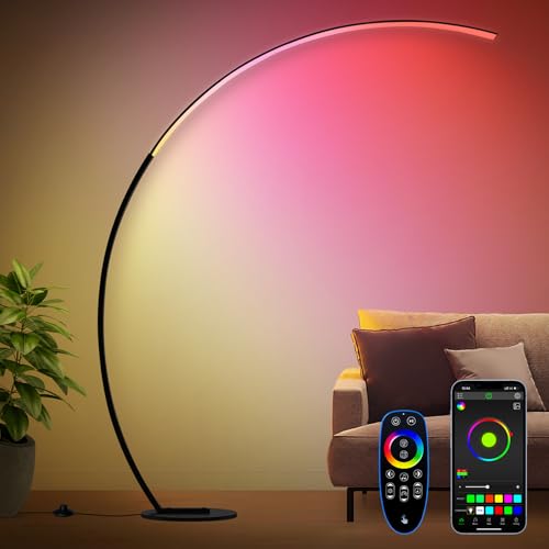 RGB Floor Lamp with 3 Color Temperatures, Ultra Bright 1800LM Smart Arc LED Floor Lamp with Remote Control, Music Sync, Scene Modes, Modern Standing Tall Lamp for Bedroom Living Room Gaming Rooms