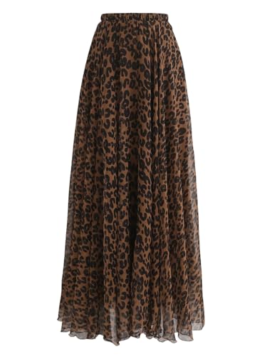 Verdusa Women's Leopard Print Skirt Y2k Goth High Waist Ruffled Pleated Flowy Long Skirts Khaki Medium