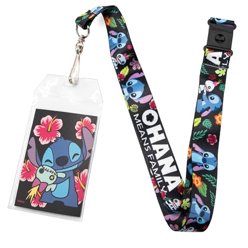 Disney Lanyard, Badge Holder Charm, Ohana Means Family Stitch Scrump Poses Tropical Flora Black, Elastic
