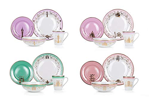 Disney Themed Dinnerware Set - 16 Ceramic Dishes, 4 Place Settings | Collection 2 | Featuring Princesses Tiana, Rapunzel, Aurora, and Mulan | Colorful Dinner & Dessert Plates, Bowl & Mug