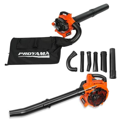 PROYAMA Gas Powered Leaf Blower, 3-in-1 26cc 2-Cycle Handheld Leaf Blower & Leaf Vacuum Mulcher, 412 CFM 200 MPH Cordless Blower with 10 Gallon Collection Bag for Lawn Yard Blowing Snow Dust Debris